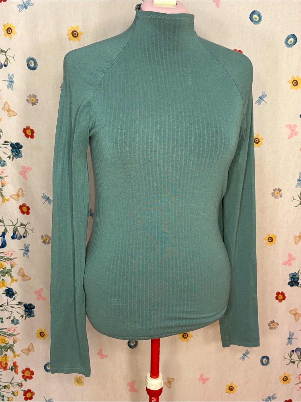 Anthropologie - Turquoise Ribbed Mock Neck Long Sleeve Top Soft Casual